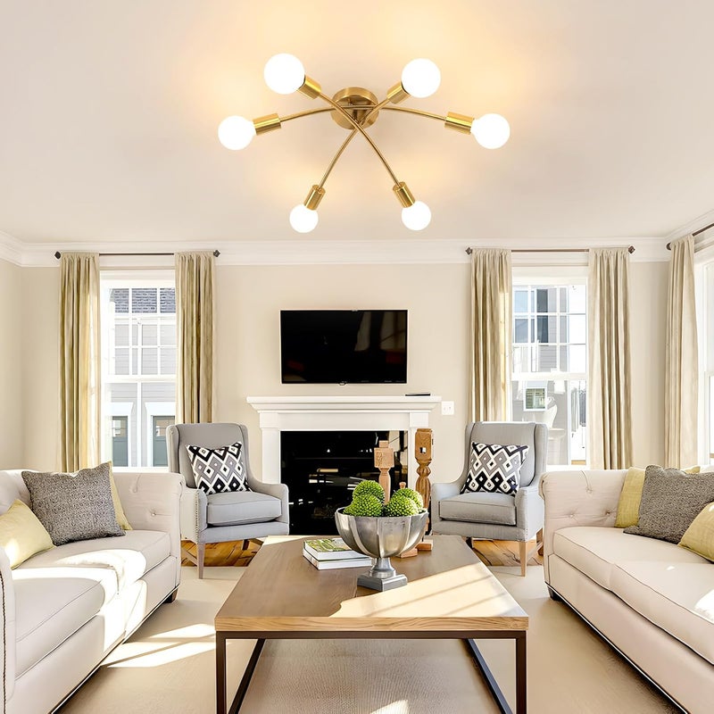 Tea Light Gold Sputnik Ceiling Light Fixture, Modern 6-Light Sputnik Chandelier with 350° Rotatable Arms, E26 Bulb Compatible for Living Room, Bedroom, Dining Room - Stylish Home Decor Lighting - Image 5